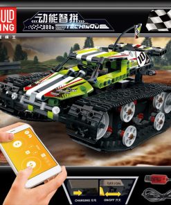 Mould King Tracked Racer Charger Car 410/pcs Remote Control RC Green Model 13023